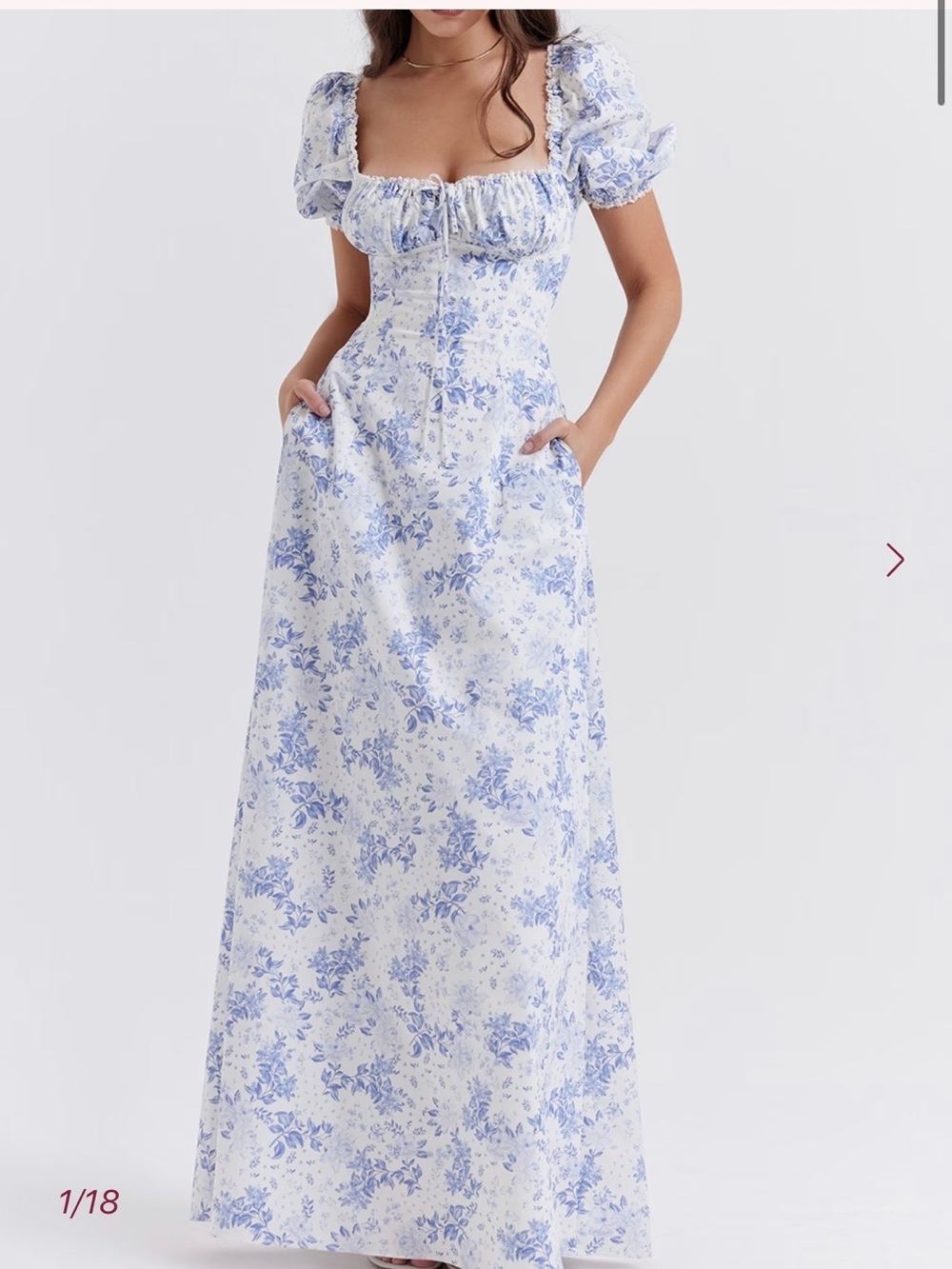 House of CB felizia White and Blue Floral Puff-Sleeve Maxi Dress